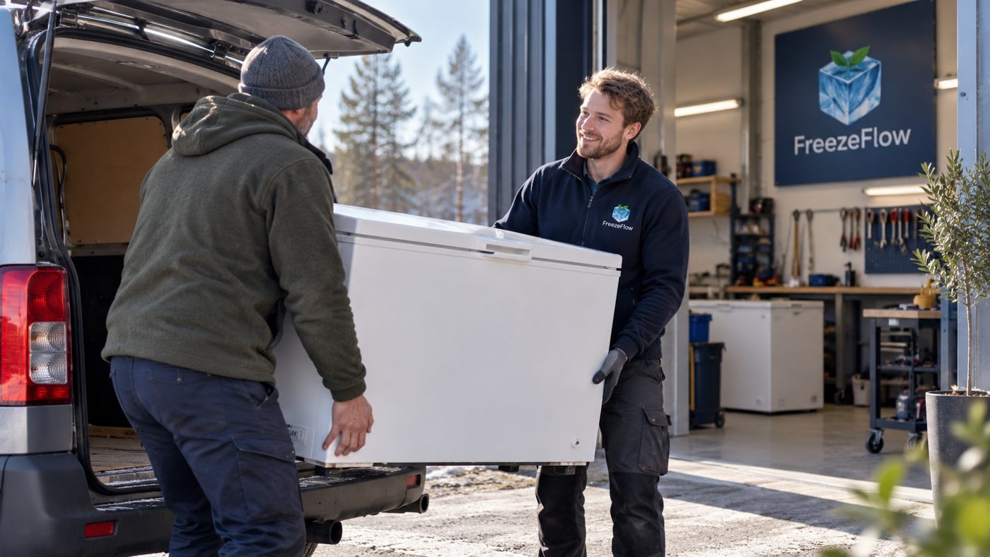 En kummefryser afleveres på FreezeFlows værksted